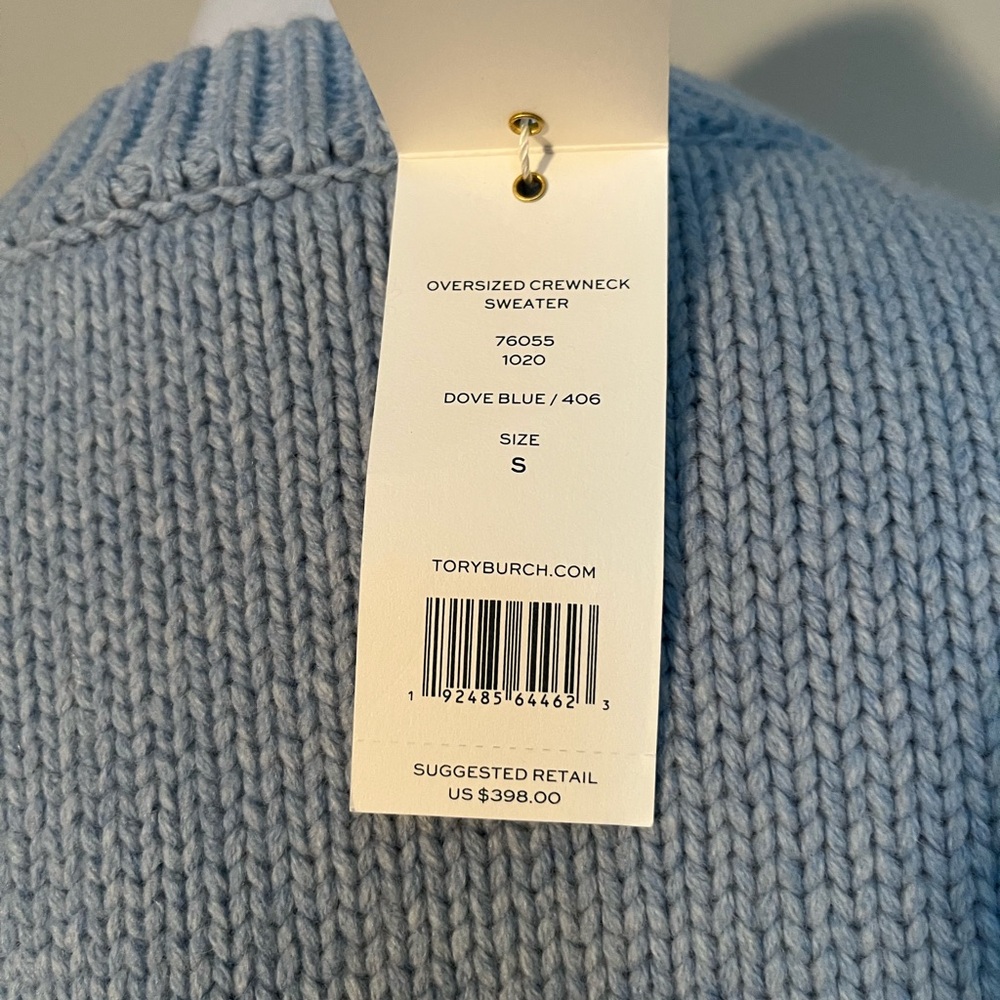 NWT Tory Burch Oversized Crew Neck Wool Sweater Dove Blue Size Small - Picture 10 of 13